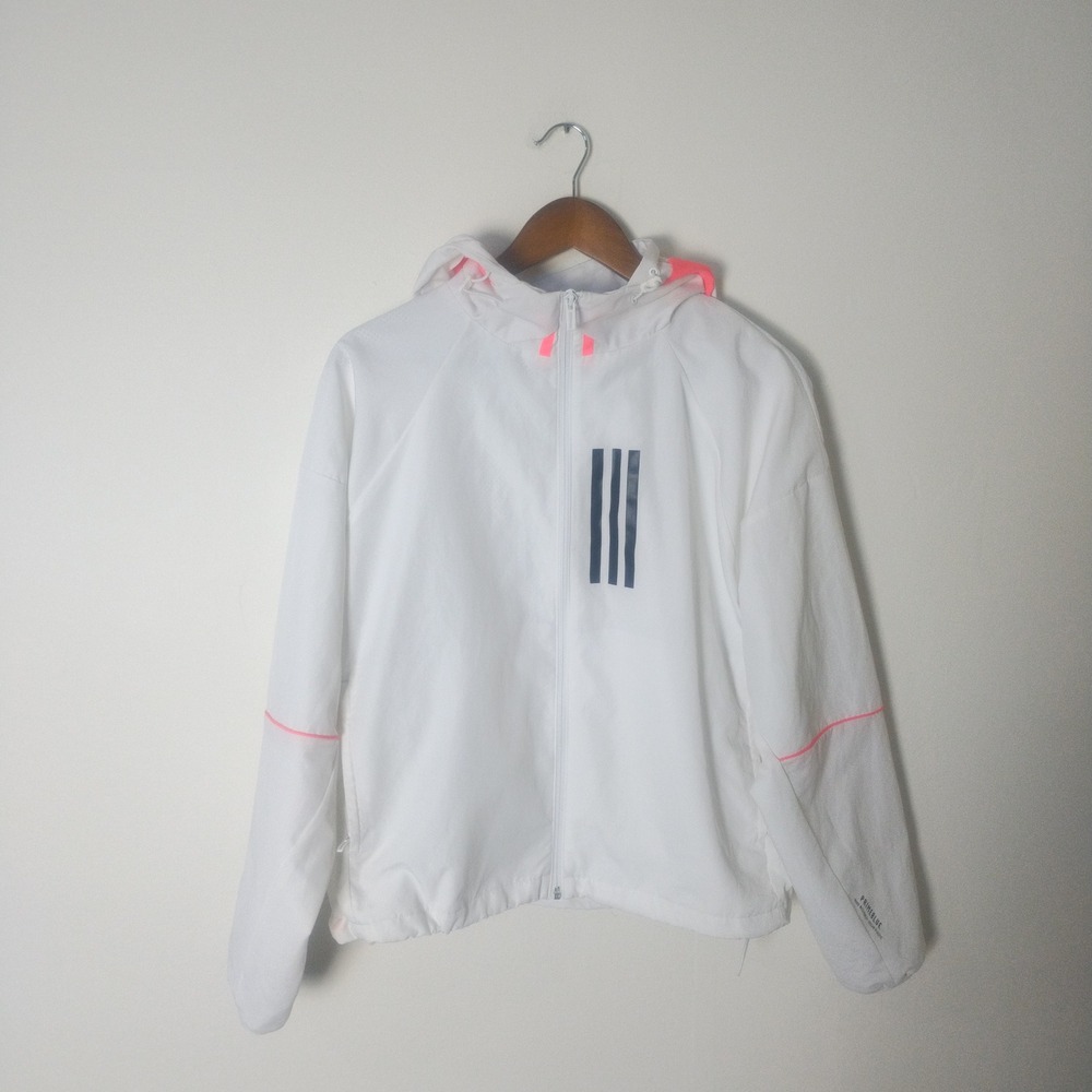 Adidas Windbreaker Track Jacket Womens Small White Neon Hooded Pockets Sporty